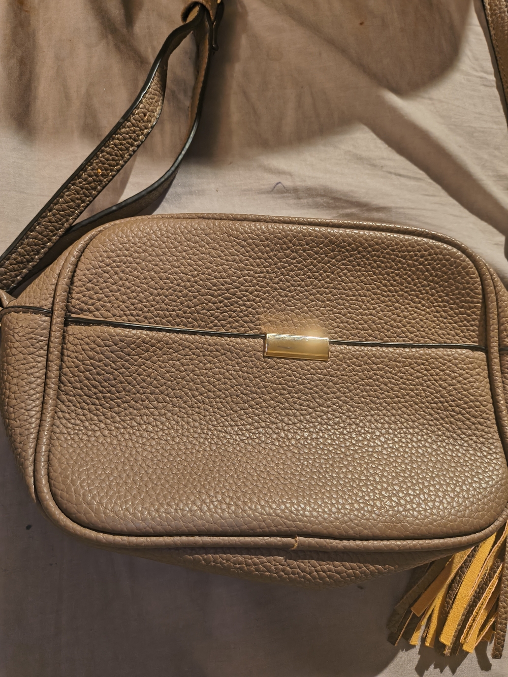 Taupe Pebbled Leather Crossbody Bag with Tassel